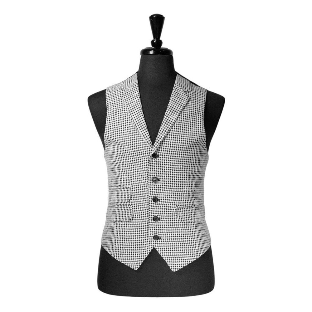 Mens Vest 40R Black White Check Cotton Waistcoat Formal Wedding Groomsmen
